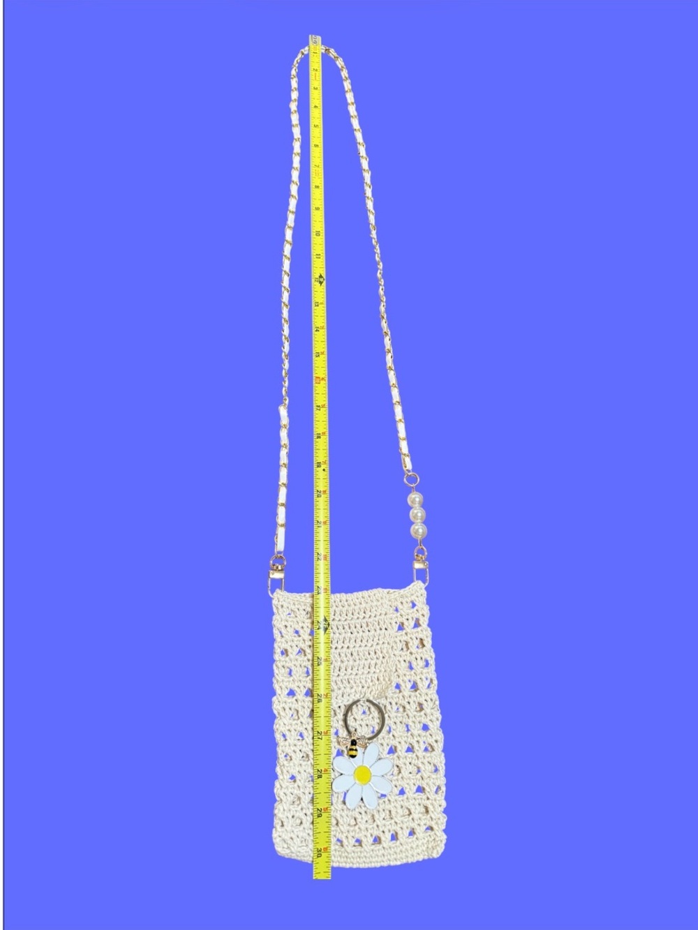 Cream Crochet Crossbody Bag with Daisy Charm and Pearl Strap White Color.
